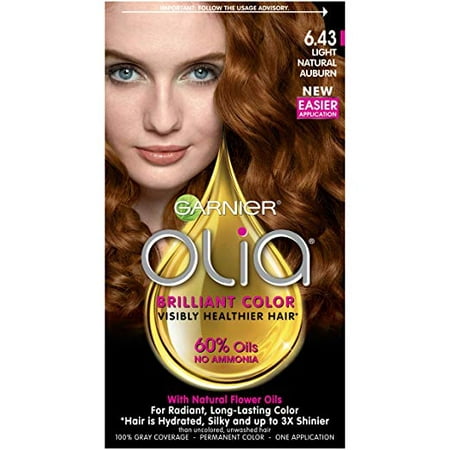 Garnier Olia Ammonia Free Permanent Hair Color, 100 Percent Gray Coverage (Packaging May Vary), 6.43 Light Natural Auburn, Red Hair Dye, 1