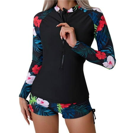 

Women Two Piece Rash Guard Long Sleeve Zipper Swimsuits Swim Shirt Bathing Suit With Boyshort Bottom