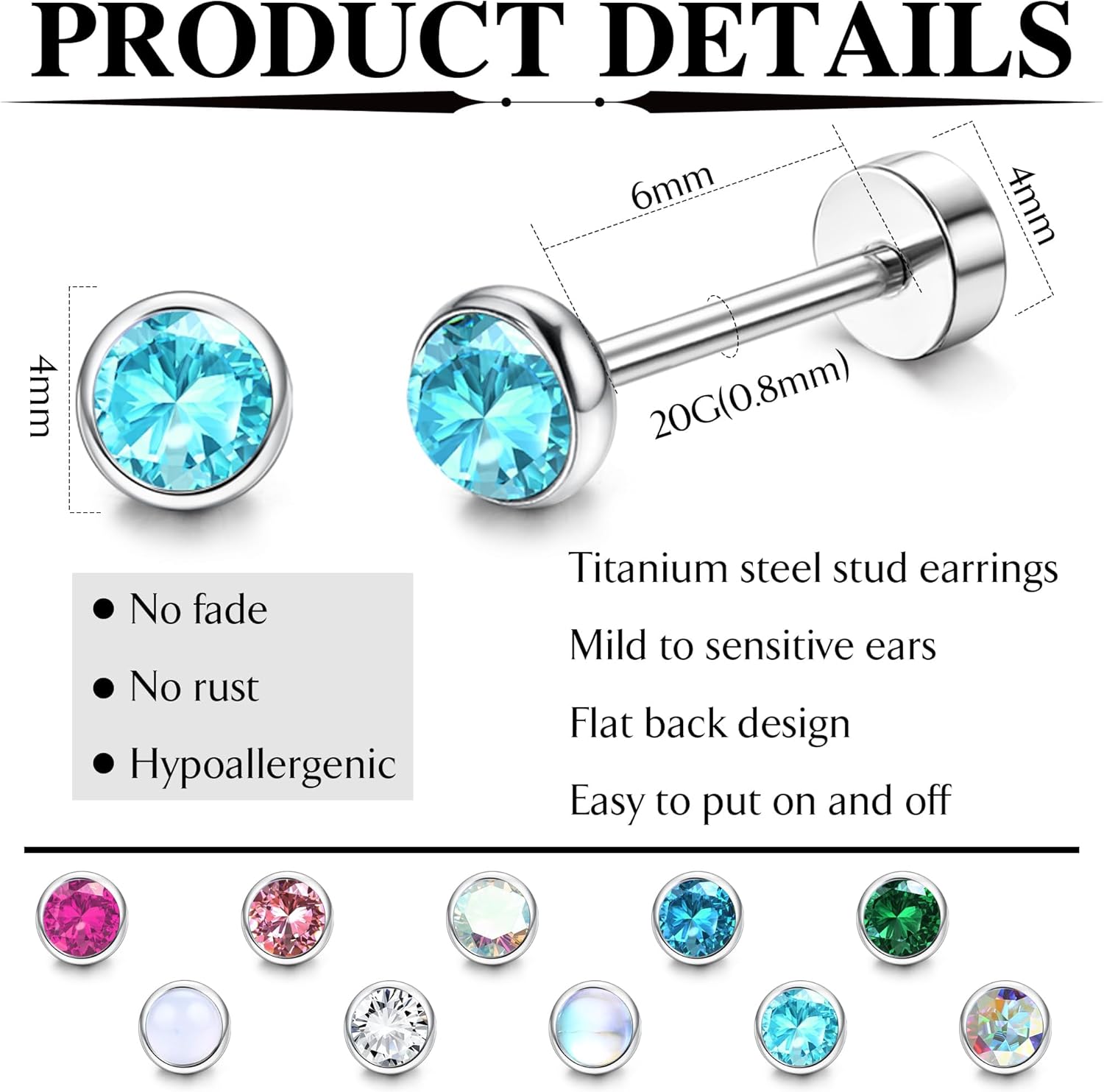 20G 10Pairs Flat Back Earrings for Women Men 316L Surgical Steel Stud Earring for Sensitive Ears Cubic Zirconia Opal Skin-Dependable Cartilage Earring Piercing Jewelry[o151]