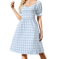 thumbnail image 2 of Vestido de verano de manga corta con estampado de cuadros vichy azules y cuadros de búfalo para mujer, falda para mujer, 2 of 8