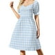 thumbnail image 2 of Vestido de verano de manga corta con estampado de cuadros vichy azules y cuadros de búfalo para mujer, falda para mujer, 2 of 8