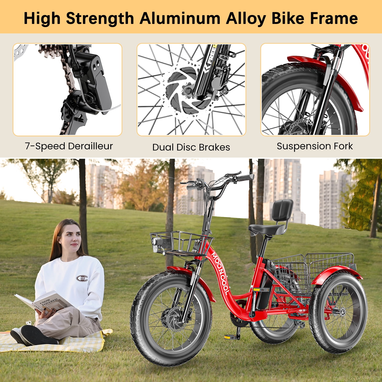 Lilypelle 7-Speed Electric Tricycle with 20" x 4" Fat Tires for Adults,500W 48V 14.5Ah Lithium Battery ,3 Wheels Electric bike with Front & Rear Basket for Men, Women,Senior