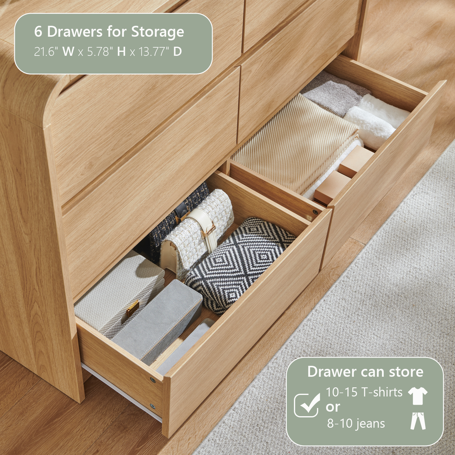 wow97e Modern 6 Drawers Dresser for Bedroom, 47" Wide Wood Chest of Drawers w/Curved Profile Design, for Bedroom, Living Room, Natural Oak