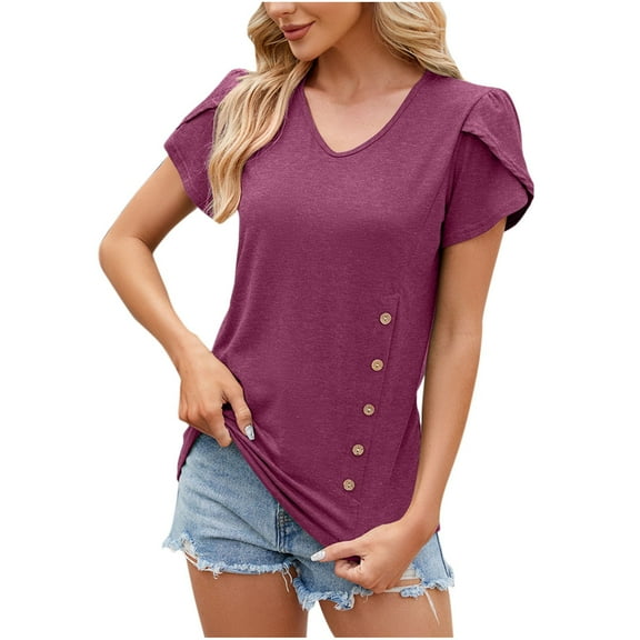 ZyeKqe Womens Summer Top Petal Short Sleeve Shirts CasualV Neck T Shirts Plain Basic Tops