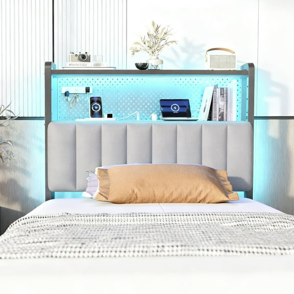 Zimtown Upholstered Headboard for Queen Bed Frame with Storage, LED Light and Charging Station, Gray, Headboard Only