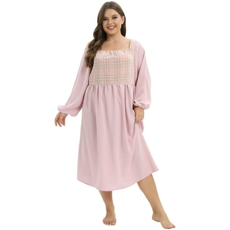 

WBQ Women s Plus Size Long Sleeve Nightgown Lattice Stitching Square Neck Nightdress Sweet Elegant Sleep Dress Loose Oversized Sleepwear Loungewear XL-4XL