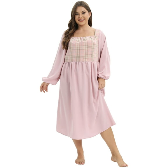 Women's Plus Size Nightgown Long Sleeve Square Neck Nightdress Lattice Stitching Sweet Elegant Sleep Dress Loose Oversized Sleepwear Loungewear, XL-4XL