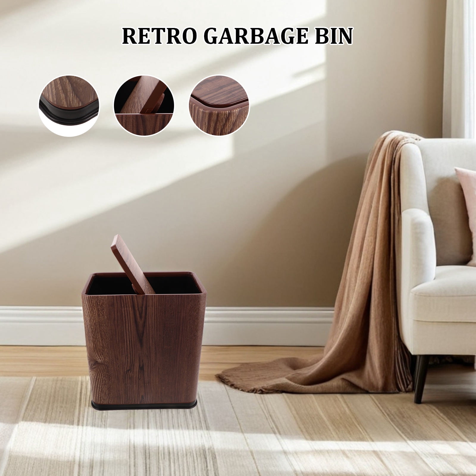 BESTYASH Multipurpose Wood Grain Coffee Trash Can with Swing Top Lid for Bathroom, Kitchen, and Home Use