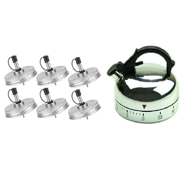 60 Minute Counting Teapot Shaped Kitchen Cooking Alarm Clock Timer with 6PC Stainless Steel 70mm Regular Mouth Mason Jar