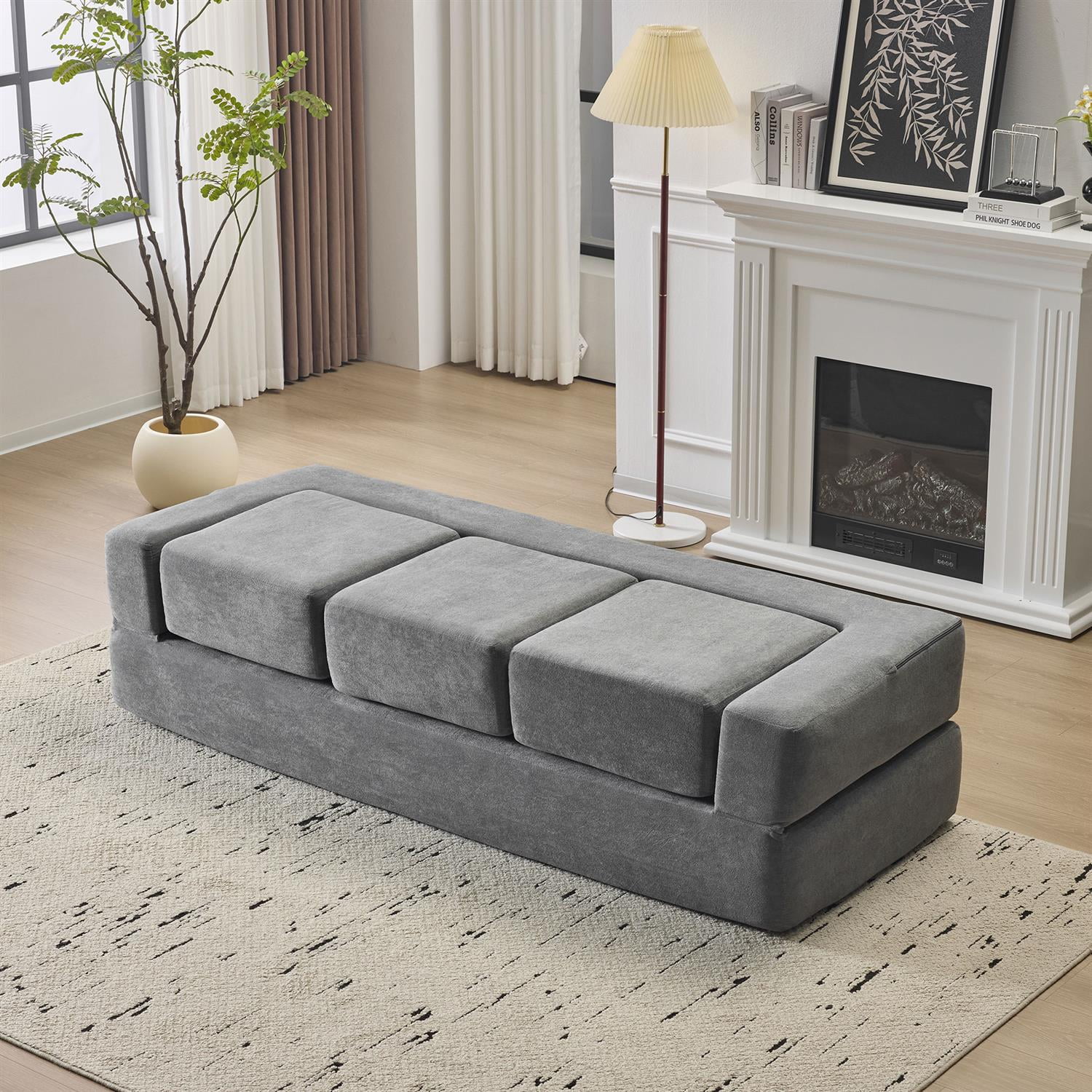 Demi Bonn Convertible Sectional Sofa with 3 Storage Ottomans, Space-Saving Chenille Couch, High-Resilience Foam for Studio Apartments & Home Offices, Gray