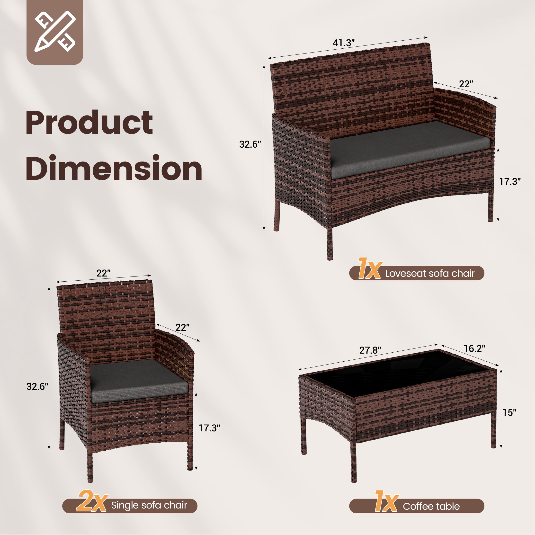 UDPATIO 4 Pieces Outdoor Patio Furniture,Sectional Conversation Sets,Brown PE Rattan Patio Chairs with Table and Loveseat for Balcony, Porch, Backyard,（Gray Cushion）