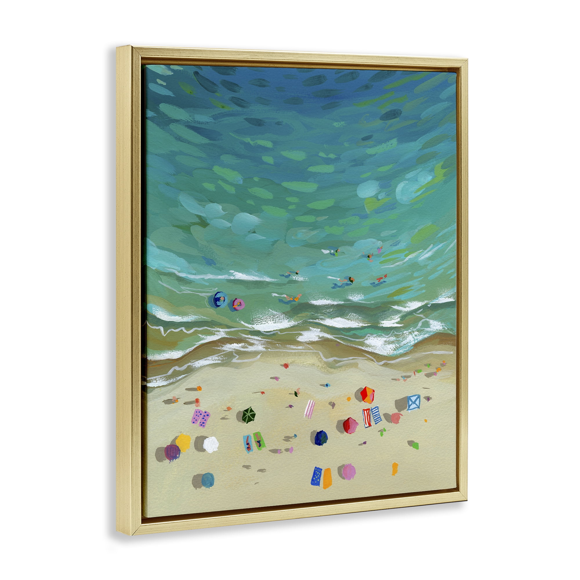 Stupell Industries Aerial Beachside with Umbrellas Gold Framed Floater Canvas Wall Art, design by Brook Page