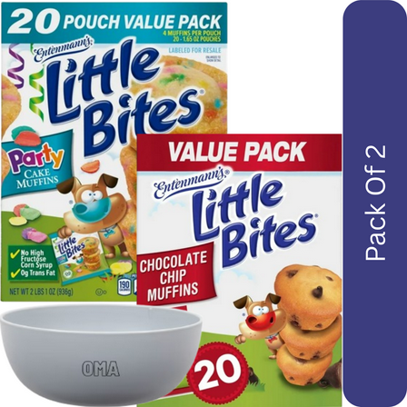 Entenmann’s Little Bites Mini Muffins Variety Pack – Chocolate Chip & Party Cake (20-pk each) 2pk, With Olive White Bowl By OMA