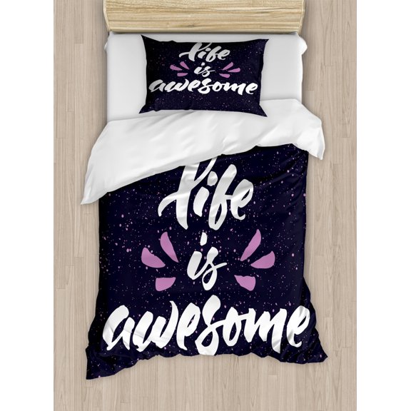 Saying Duvet Cover Set Twin Size, Hand Written Calligraphy on a Dotted Background Positive, Decorative 2 Piece Bedding Set with 1 Pillow Sham, Dark Blue Grey Lavender, by Ambesonne