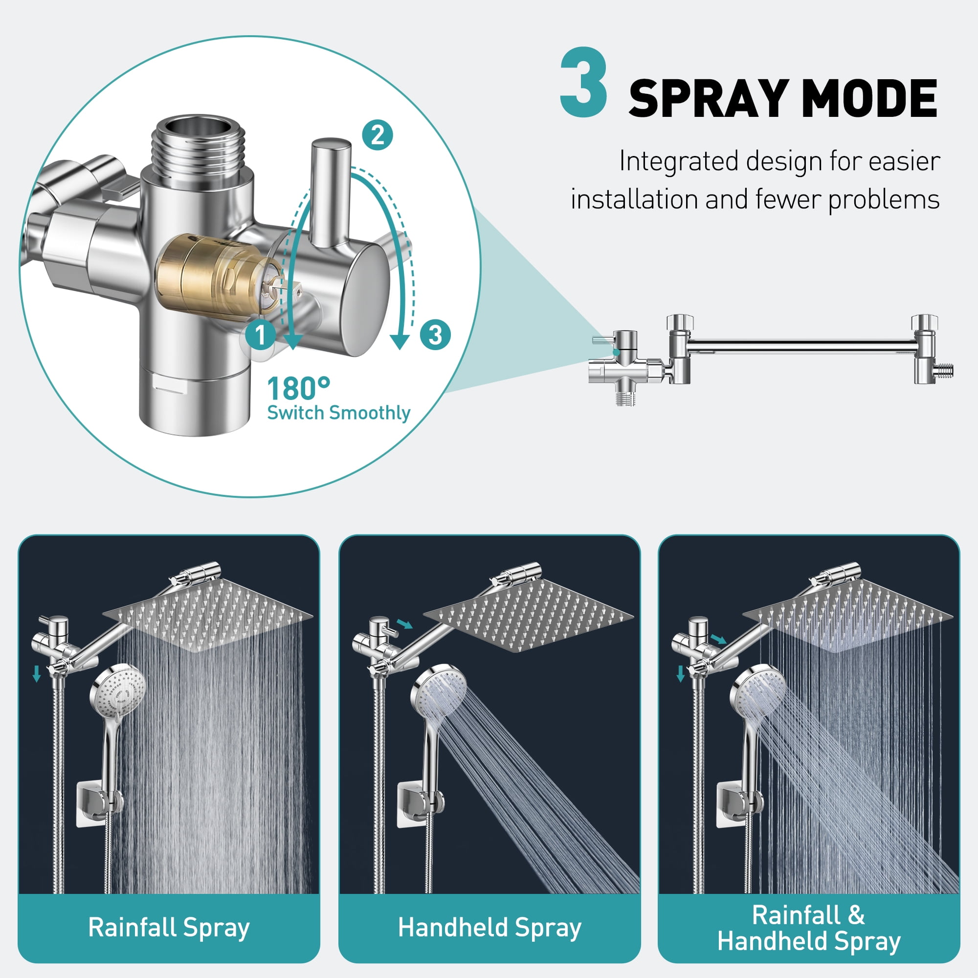 Cshidworld Dual Shower Head Combo, 8" High Pressure Rain Shower Head with 11" Adjustable Extension Arm, 5 Settings Handheld Shower Head with 59" Hose & Holder, Silver Chrome