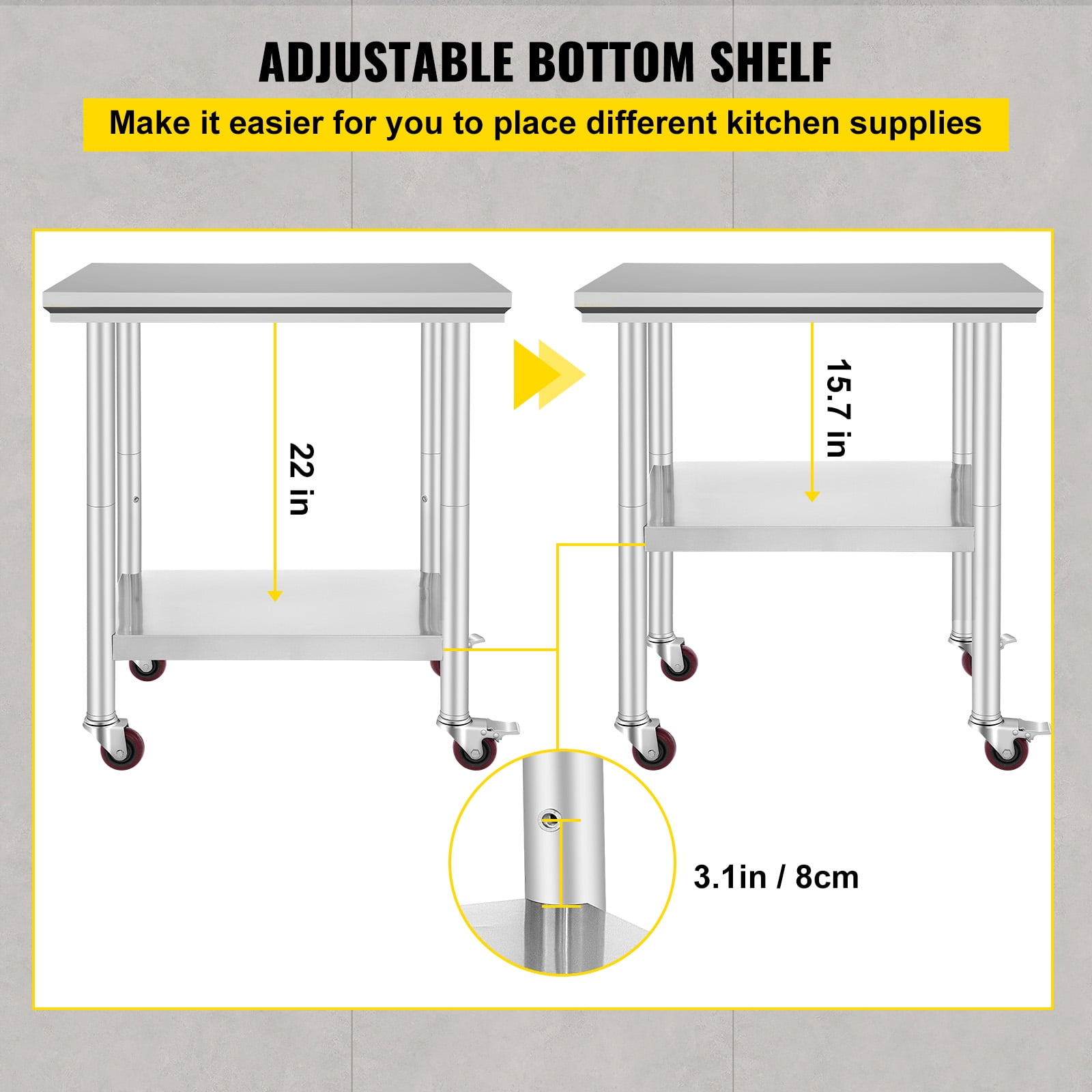 VEVOR Superior Stainless Steel Work Table with Wheels 30x24inch Food Prep Utility Work Station, Adjustable Undershelf, Easy to Install