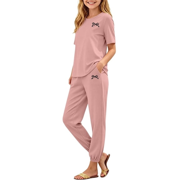 WRKEKC Girls Athletic Sets Printed Round Neck Short Sleeve T Shirt and Pocket Long Pants Set for 5-14 Years