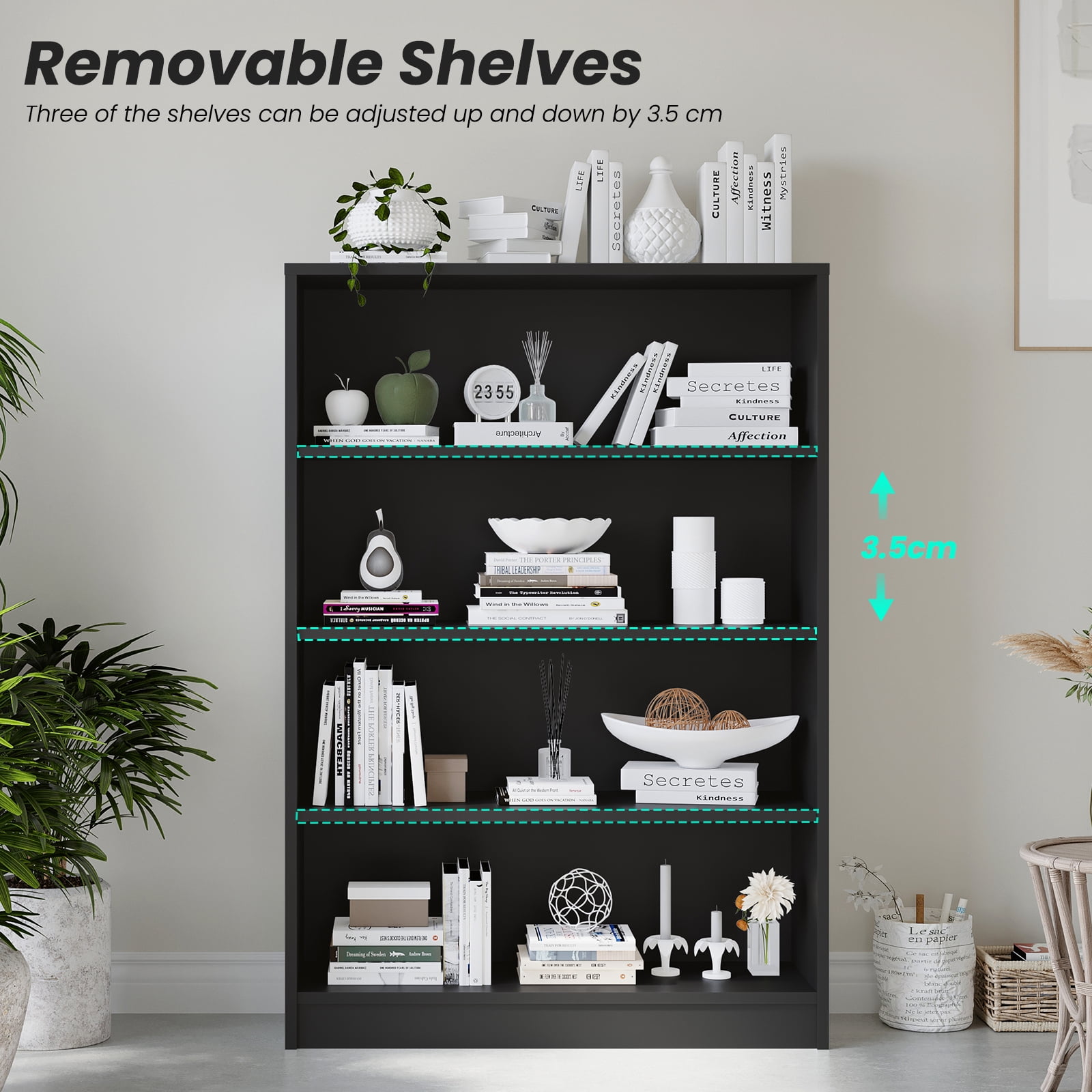 STARY 4 Tiers Bookcase, Wooden Bookcase with Adjustable Shelves for Home, Office, Black