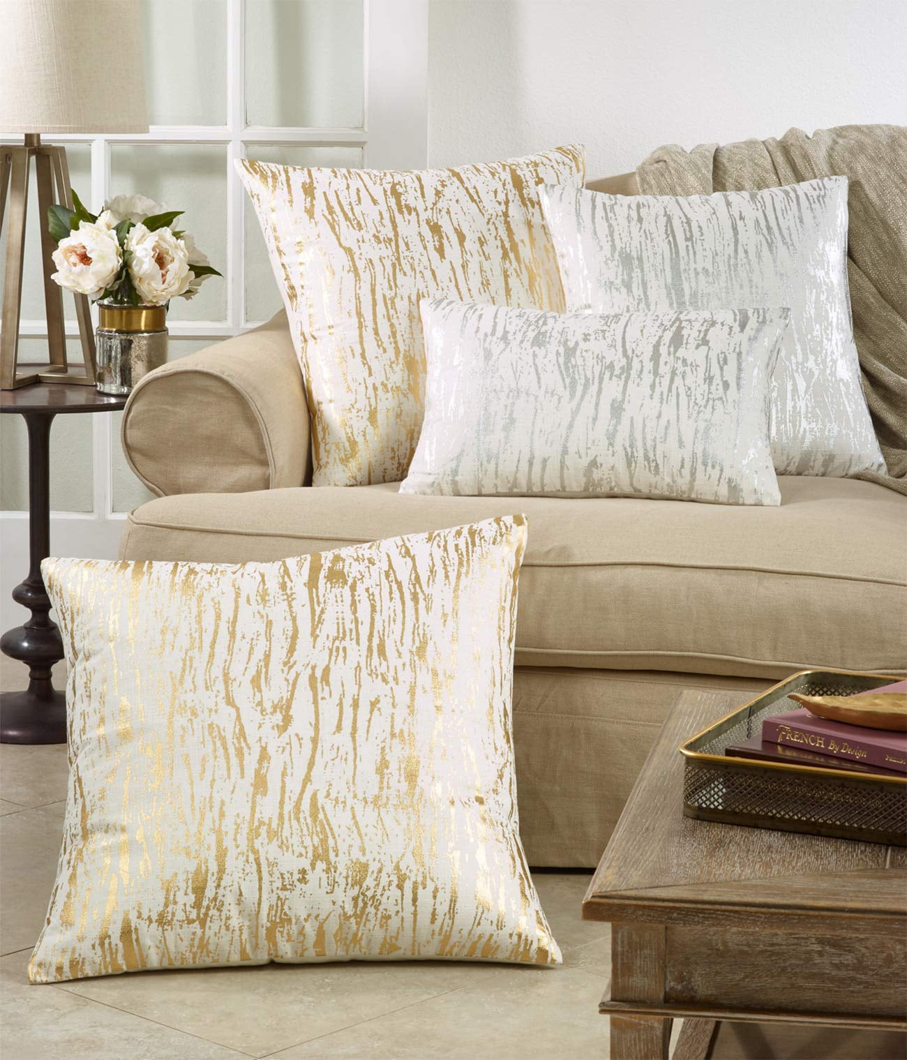 Fennco Styles Distressed Metallic Foil Design Cotton Throw Pillow Cover 14 x 22 Inch - Silver Throw Pillow Case for Couch, Living Room and Bedroom Décor