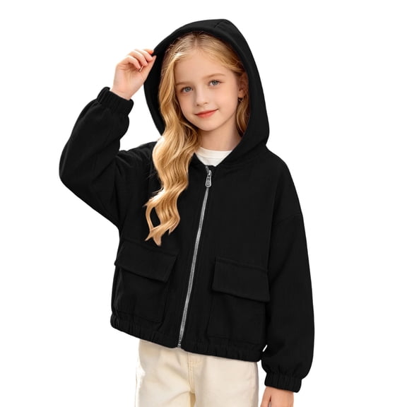 Ahdbta Girls Corduroy Cropped Hooded Jacket Kids Fall Casual Full Zip Hooded Coat Outerwear with Pockets