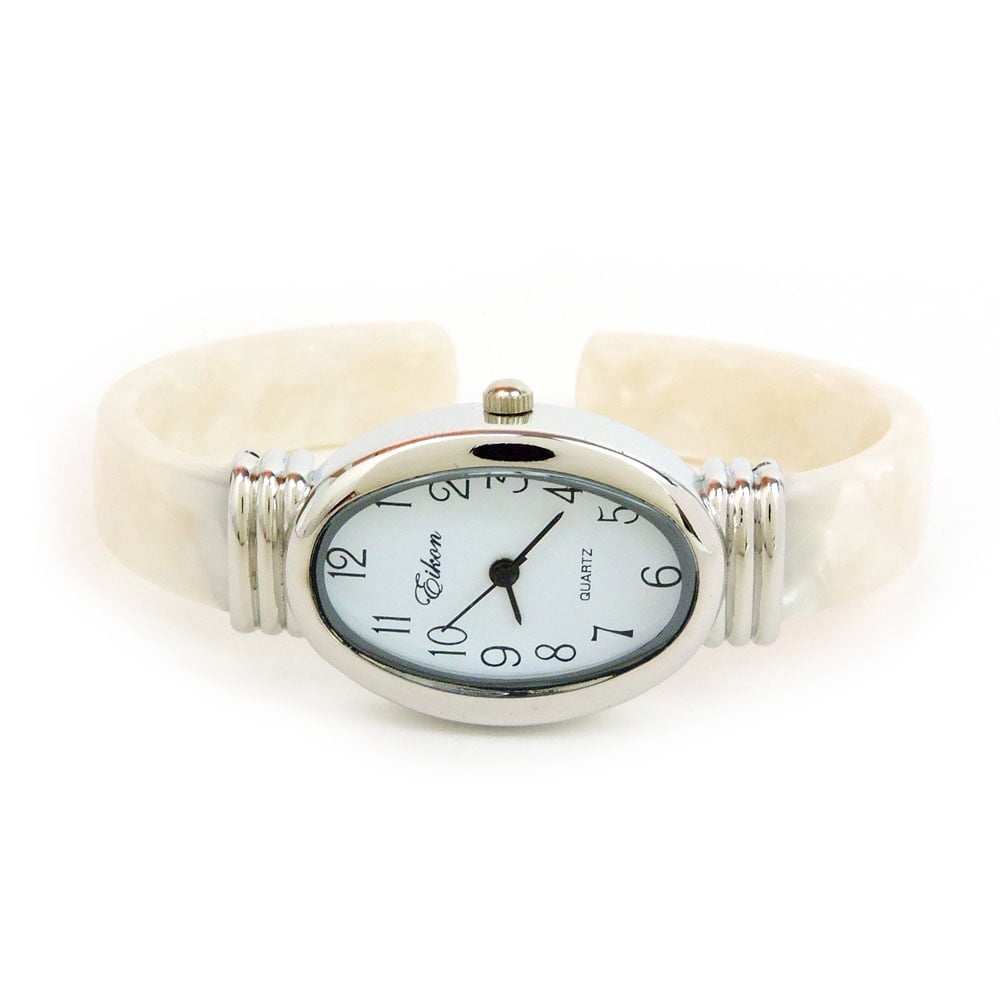 White Pearl Silver Acrylic Band Oval Face Women's Bangle Cuff Watch