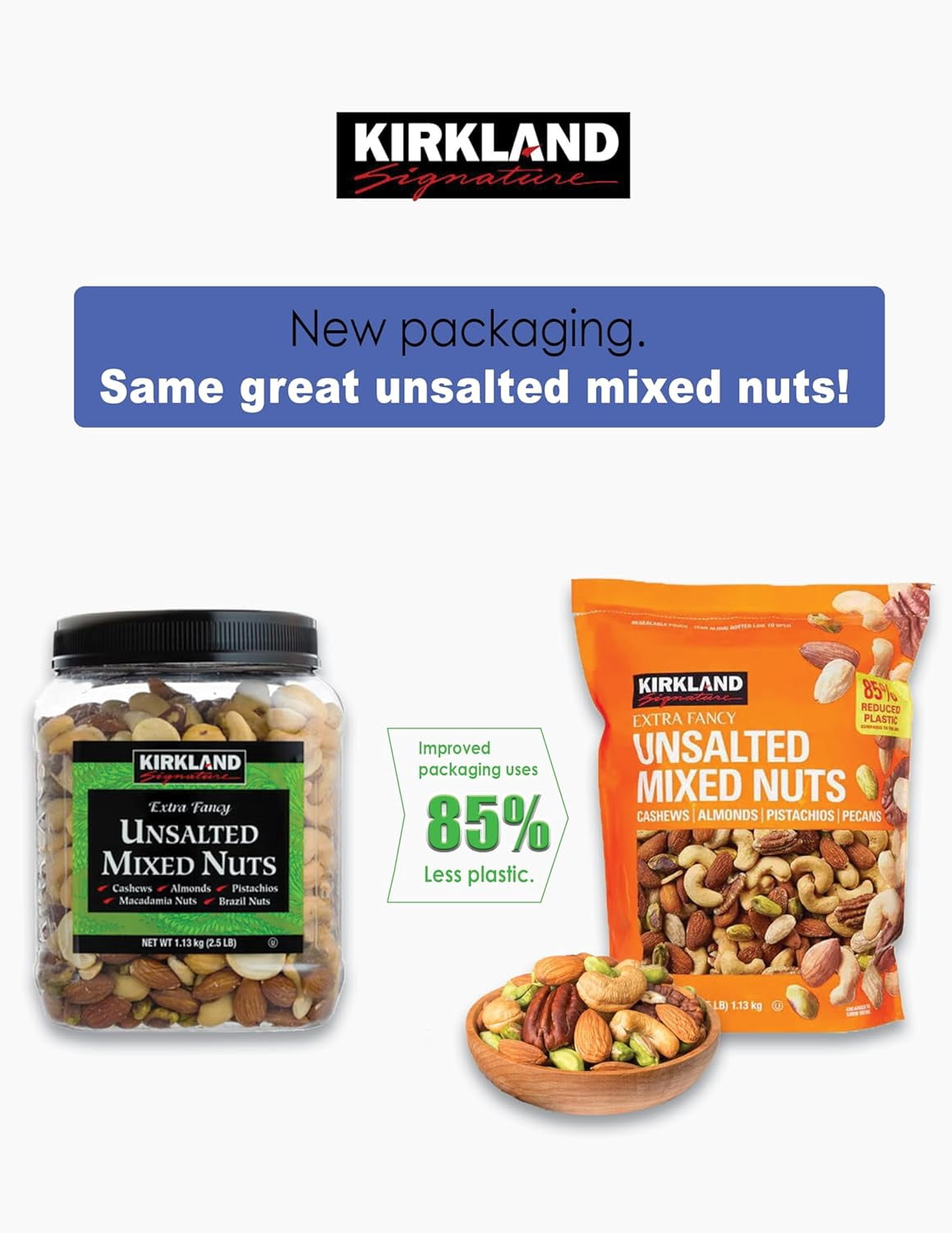 Kirkland Signature Extra Fancy Unsalted Mixed Nuts, 2 Jars (2.5 LB)
