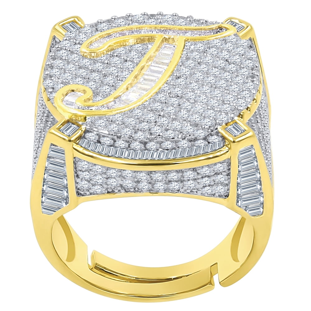 Mens Gold Tone Baguette/Round Cut Simulated Diamond Initial Letters Alphabet "I" Ring Band