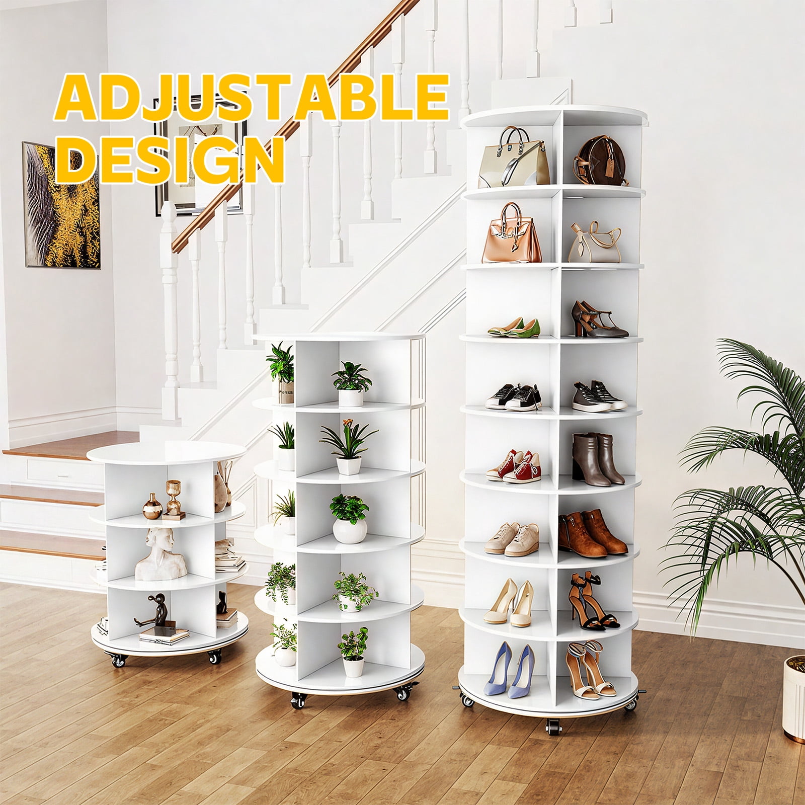 AECOJOY 8-Tier Rotating Shoe Rack with 4 Casters, 360° Spinning Organizer for Closet Storage, White