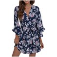 thumbnail image 4 of SHOPESSA Women's Plus Size Dresses Casual Spring Summer Dresses V Neck Short Sleeve Ruffle Floral Flowy Boho Mini Short Beach Dress, 4 of 8