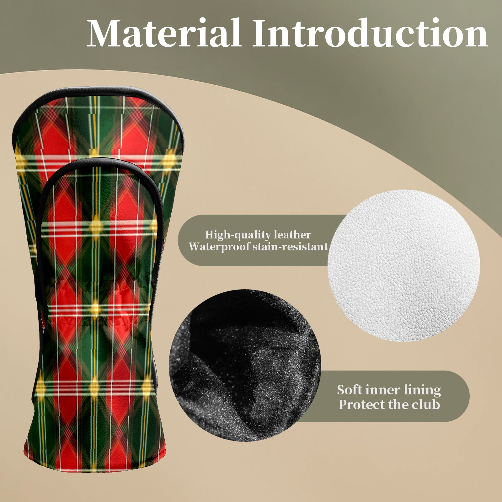 Golf Head Covers for Woods and Driver Waterproof Leather Golf Club Head Covers for Women Men Golf Driver Fairway Wood Headcover Red Plaid Seamless Pattern