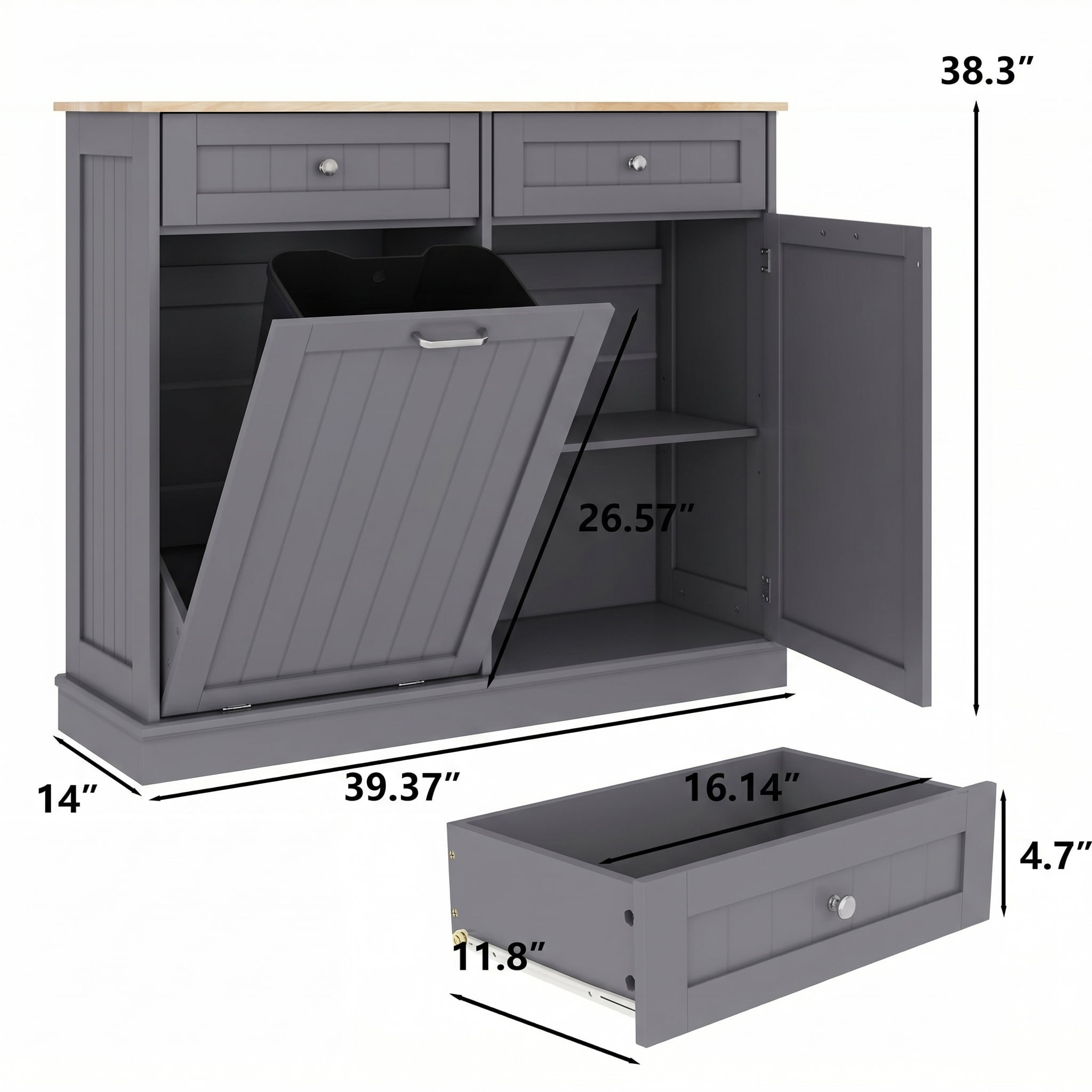 AHB 13 Gallon Single Tilt Out Trash Cabinet with Drawer and Handle, Kitchen Trash Can Storage Organizer, 39.4"L x 14"W x 38.3"H, Gray