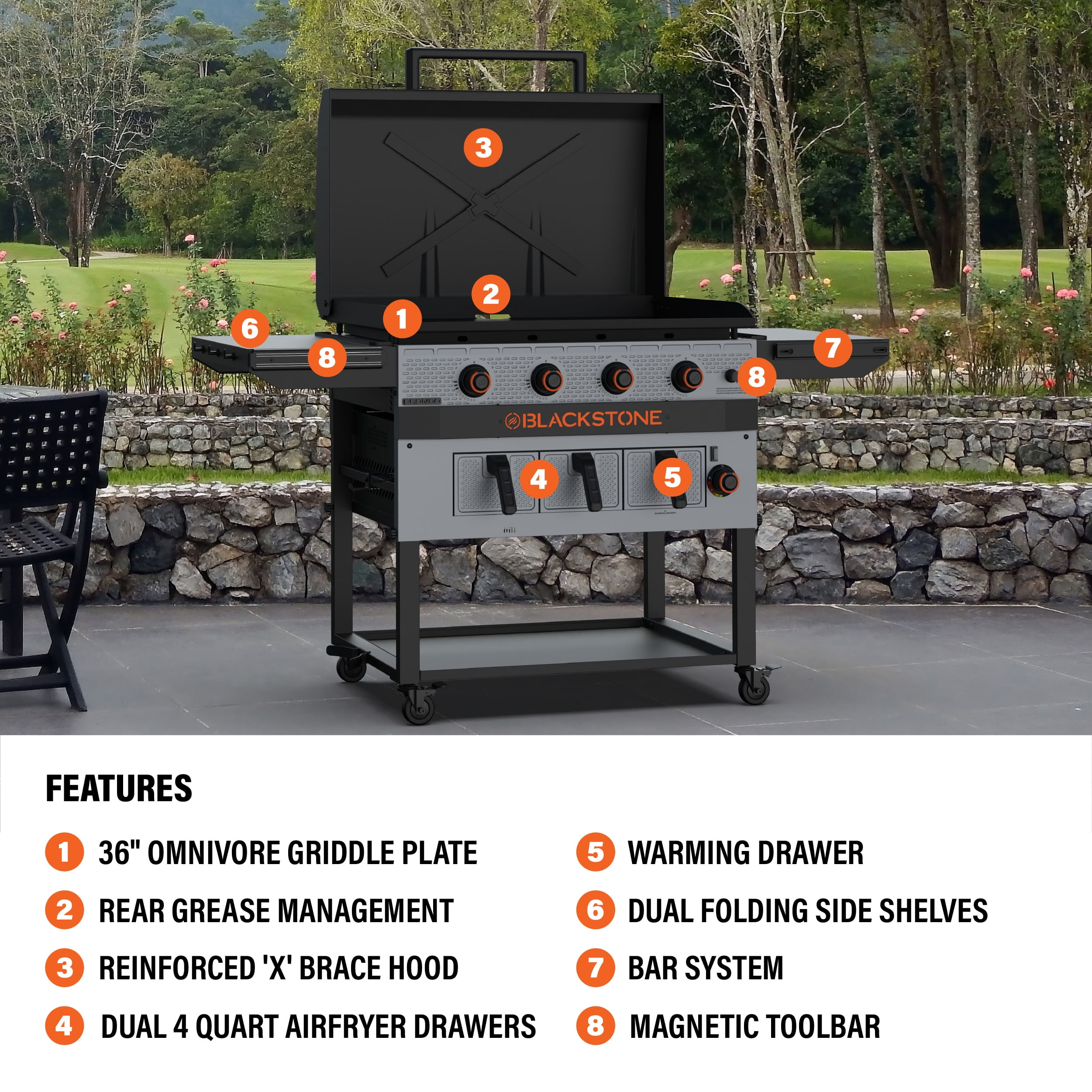 Blackstone Bronco Outdoor Combo Griddle, 36 Inch 4-Burner Flat Top Grill with Air Fryer, Gray