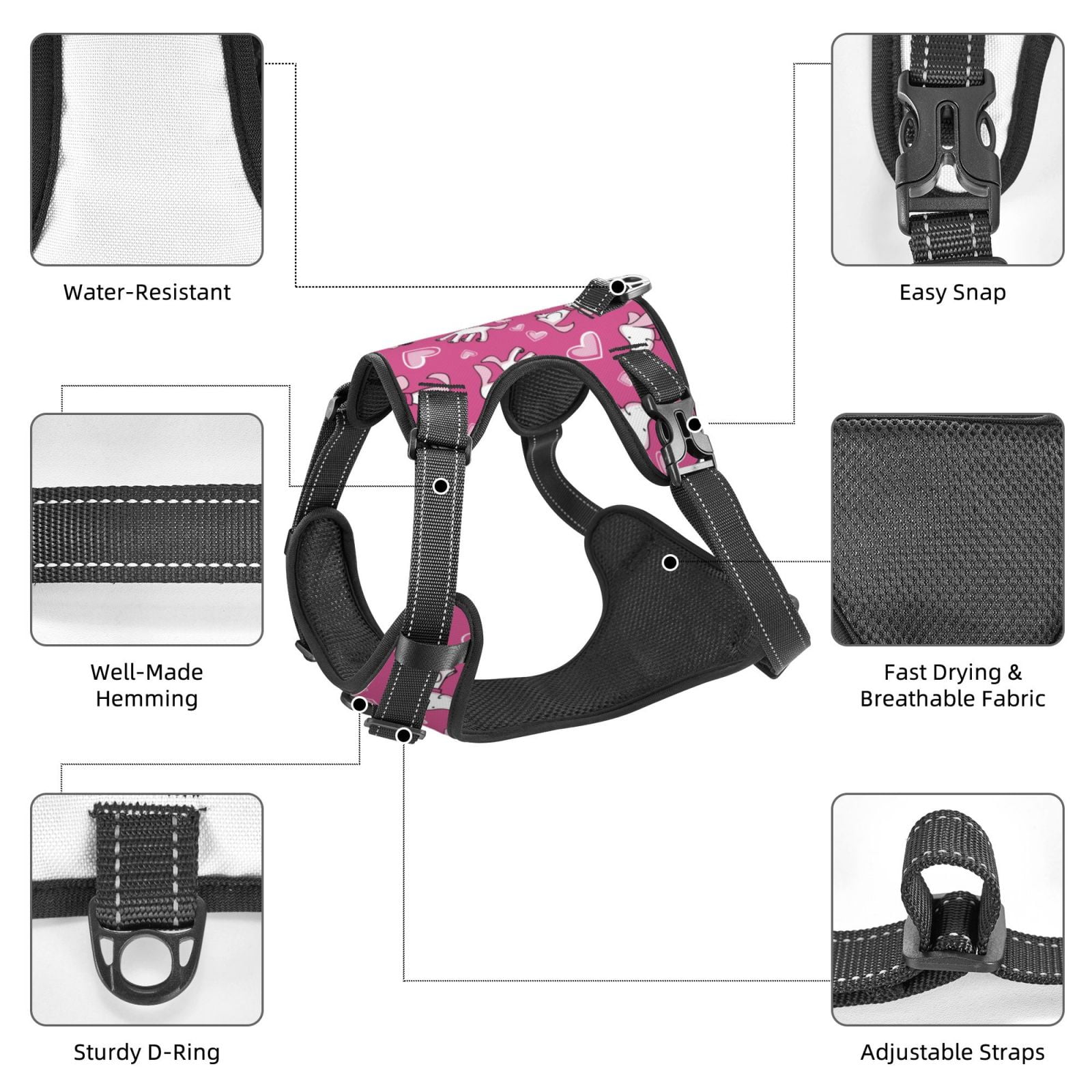 Kdxio Love Dog Print No Pull Dog Harness Adjustable Reflective Oxford Easy Control Medium Large Dog Harness for Training and Everyday-Large