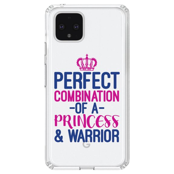 DistinctInk Clear Shockproof Hybrid Case for Google Pixel 4 XL (6.3" Screen) - TPU Bumper Acrylic Back Tempered Glass Screen Protector - Perfect Combination of Princess & Warrior
