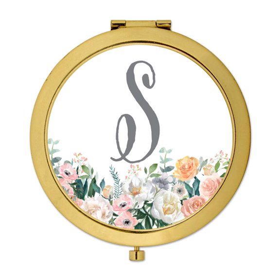 Koyal Wholesale Gold Compact Mirror Bridesmaid's Wedding Gift, Peach Flower Florals on White, Monogram Letter S, 1-Pack