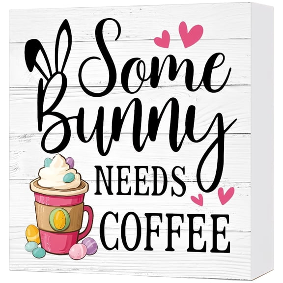 Easter Coffee Bar Decor, Funny Bunny Easter Decor for Home Office, PVC Square Coffee Bar Decorations with Rabbit Ears and Colorful Eggs, Wood Grain Style Sign for Kitchen Desktop