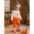 thumbnail image 6 of Loicainy Infant Baby Girl Halloween Outfit 3 6 9 12 18 Months Letter Pumpkin Print Crew Neck Long Sleeve Rompers Bell-Bottoms Pants Headband 3Pcs Clothes Set, 6 of 9