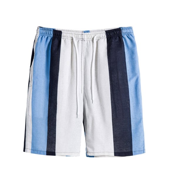 Shorts for Men Casual Men's Casual Cotton Linen Colorblock Striped Drawstring Mid Waist Shorts with Pocket for Summer Blue L