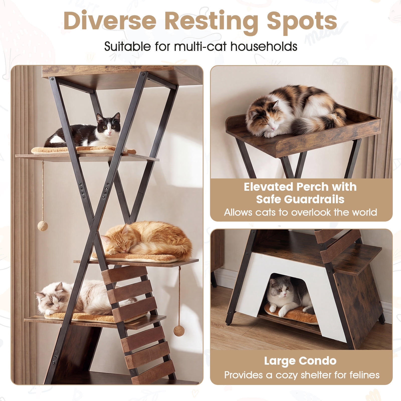 Costway 73" Wooden Multi-level Cat Tower with Elevated Perch, Large Condo, Dangling Balls Rustic Brown + Brown
