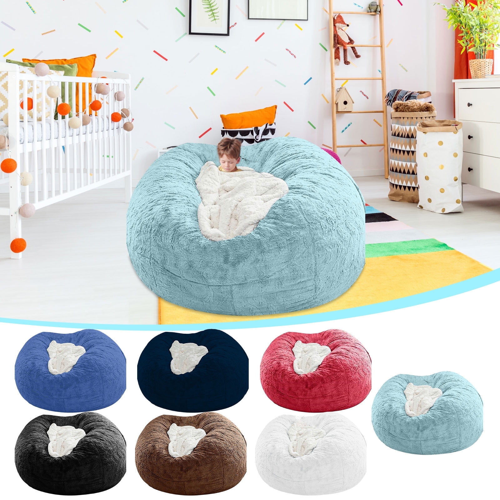 RBCKVXZ 4FT Giant Cotton Beans Bag Chair Cover, Ultra Soft Beans Bag Bed for Adults, Kids (No Filler) Big Round Soft Fluffys Velvet Beans Bag Lazy Sofa Bed Cover, Machine Washable, Black