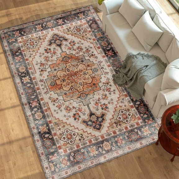 Resenkos 8x10 Area Rug - Machine Washable, Non-Slip Boho Medallion Print Carpet for Living Room, Bedroom, Tawny Brown