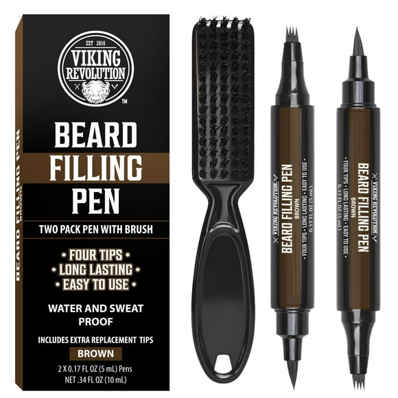 Viking Revolution Beard Pen (2 Pack) - Brown Beard Pencil Filler for Men Lapiz para Barba de Hombre - Beard Filler for Men Waterproof Beard Filling Pen Kit - Long Lasting Beard Filler Pen with Brush
