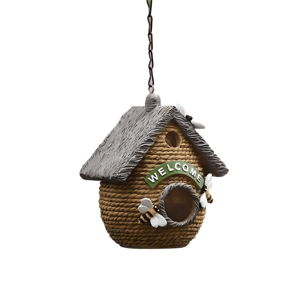 Rustic Birdhouse with Bee Accents & Welcome Sign, Hanging Birdhouse for Outside, Resin Birdhouses for Bluebird Sparrow Finch Cardinals Garden, Patio, Yard
