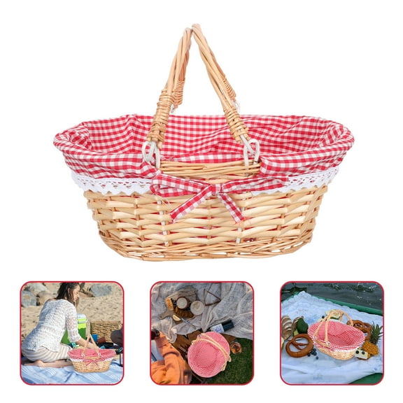 UPOUART Outdoor Picnic Basket with Lid, Natural Rattan Wicker Storage Basket for Camping, Beach, and Outdoor Activities