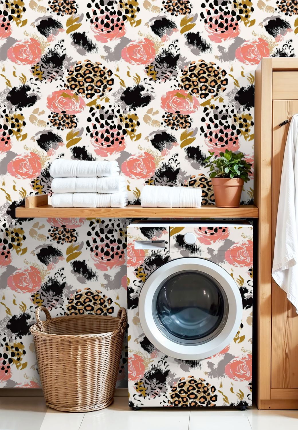 Vintage Peel and Stick Wallpaper Floral Leopard Print Bold Brushstrokes Pink Black Gold Tones Wall Mural 17.7in x 9.8ft Removable Wall Paper Renter Friendly Wallpaper for Nursery Bedroom Cabinets