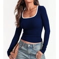 thumbnail image 4 of Womens Long Sleeve Square Neck Ribbed Knit Top Color Block Fitted Basic Crop Tee Fashion Clothes 2025, 4 of 7
