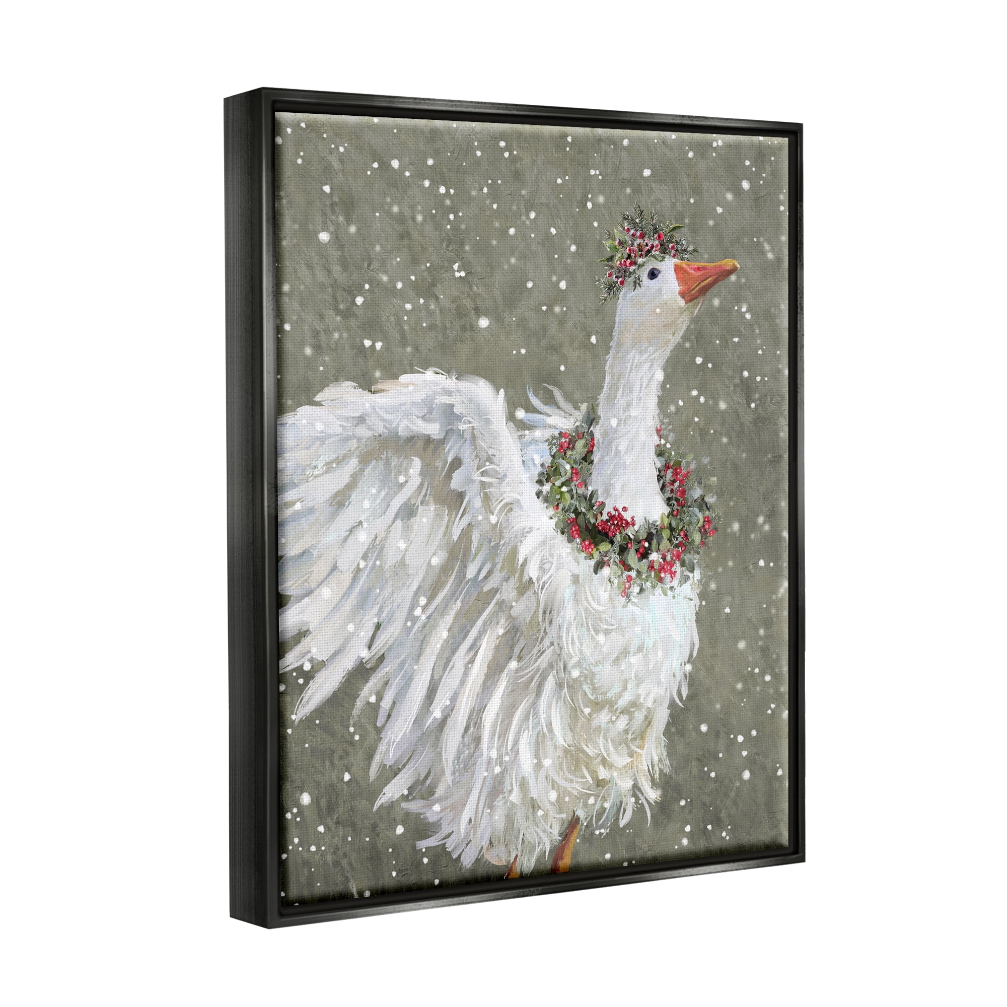 Stupell Industries Winter Goose Seasonal Botanicals Holiday Painting Black Floater Framed Art Print Wall Art