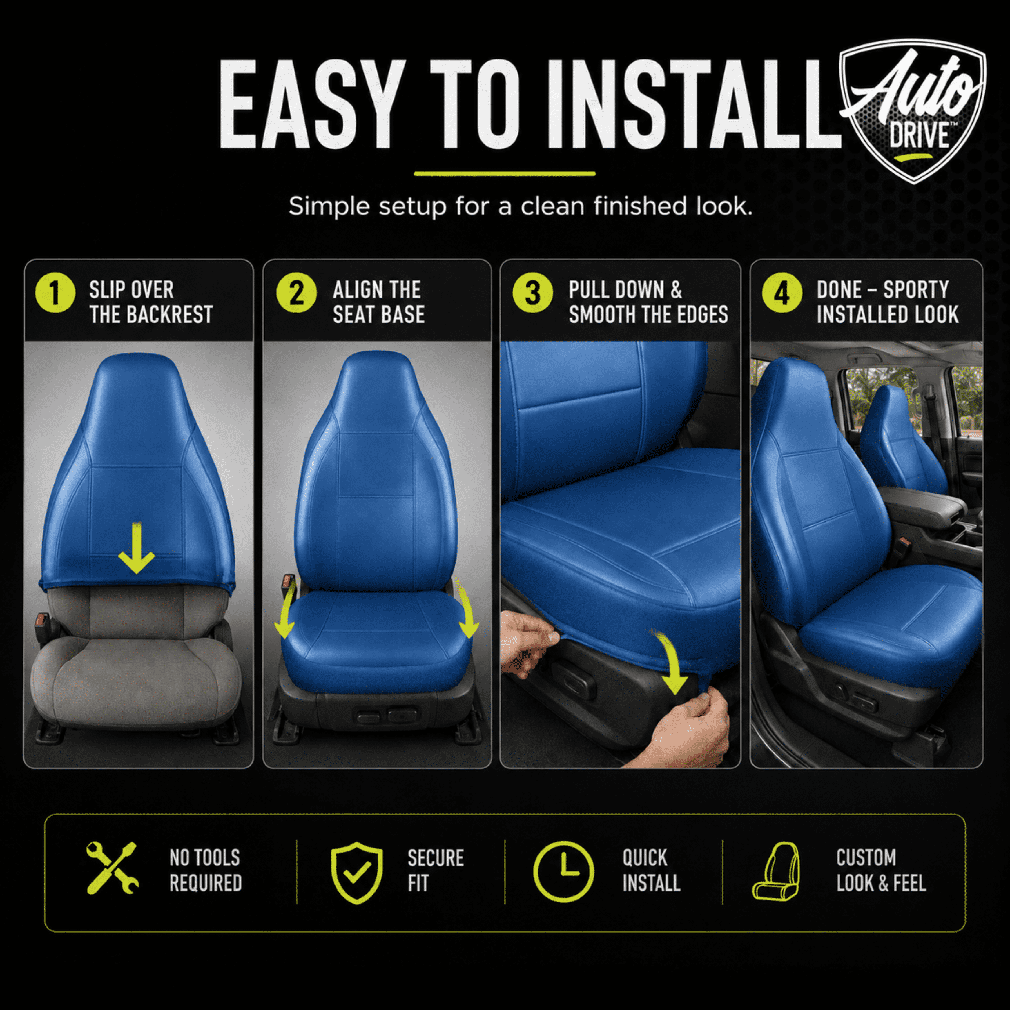 Auto Drive Car Seat Cover,High Back Full Leather Seat Protector Front Seat, Premium Comfortable Anti-Slip, Airbag Compatible Universal Fit for Cars SUVs Trucks，Blue