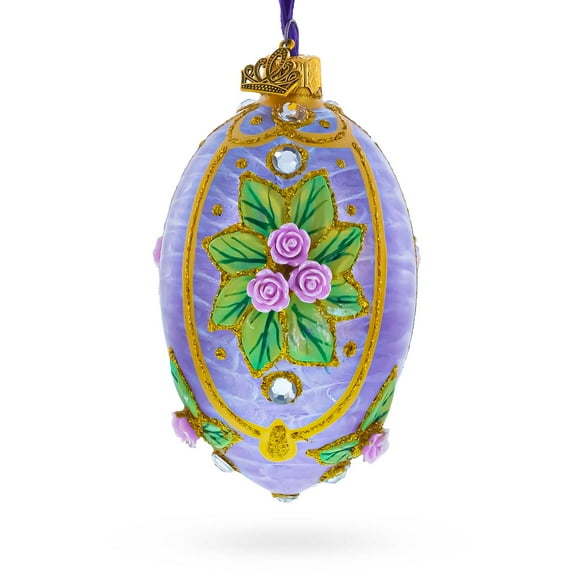 3D Roses Bouquet on Purple Glass Egg Ornament 4 Inches