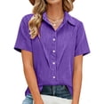 thumbnail image 5 of Taqqpue Linen Shirt for Women Summer Button Down Short Sleeve V Neck Tops Solid Color Comfy Blouses Casual Dressy Tunic Tees, 5 of 8